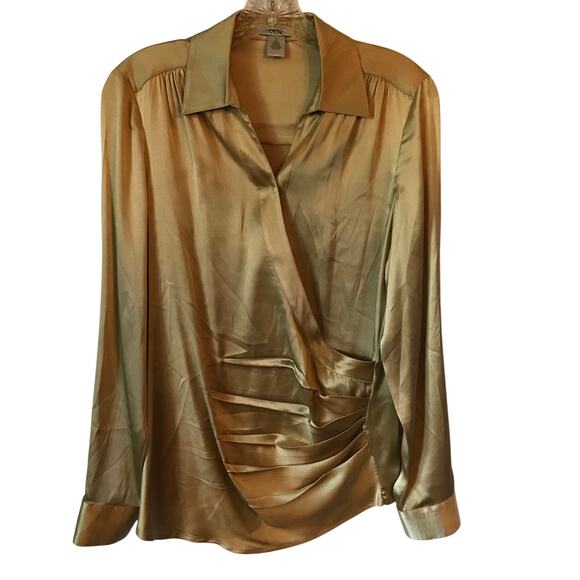 Cache Blouse Medium Womens Silk Satin Long Sleeve Gold Wrap Dressy Soft Sheen - Picture 1 of 8